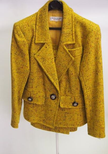 Yves SAINT LAURENT Rive Gauche Tailleur en tweed multicolore jaune, veste à col châle...