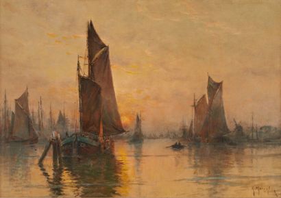 Georges Philibert Charles MARONIEZ (Douai 1865 - Paris 1933) «Bateaux au crépuscule»...