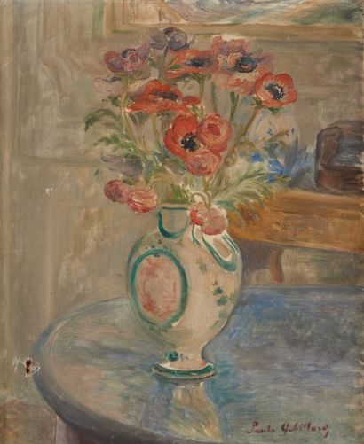 Paule GOBILLARD (1869-1946) "Bouquet de fleurs sur un entablement" Huile sur toile,...