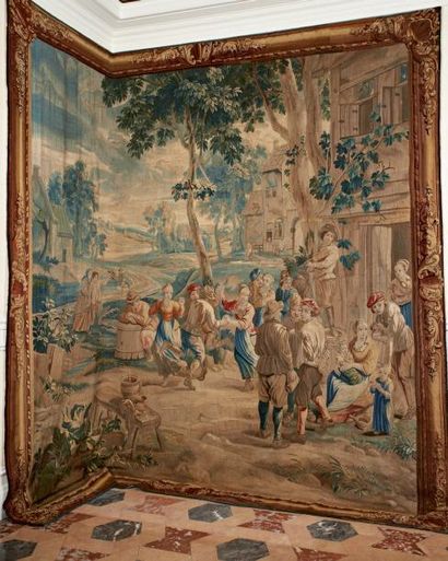 null TAPISSERIE des Flandres d'après Teniers, "Fête Villageoise" avec danseurs à...