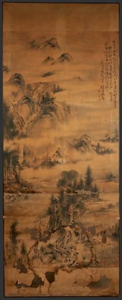 CHINE - XVIIIe siècle Encre sur papier marouflé sur toile, paysage montagneux. (Accidents...