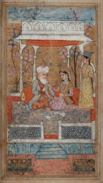 null Couple sous un dais, Cachemire XIXe siècle. Page de manuscrit illustré d?une...