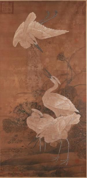 CHINE XXe siècle Reproduction d'une peinture, représentant deux aigrettes parmi les...