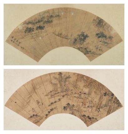 CHINE - XIXe siècle Deux éventails, encre sur papier, l'un à décor de lettrés avec...