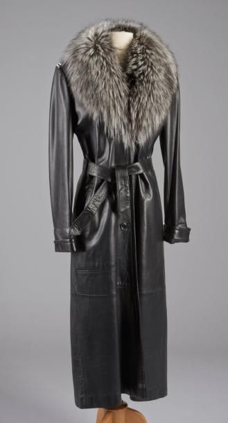 SKINER'S Manteau en cuir agneau noir, col châle amovible en Renard argenté du Canada,...