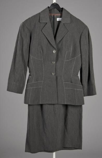 MUGLER Robe en lin et vicose gris d'inspiration 1960, ornée de point sellier blanc,...