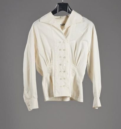 ALAÏA Veste-Chemise en coton blanc, col italien, double boutonnage, effet de plis,...