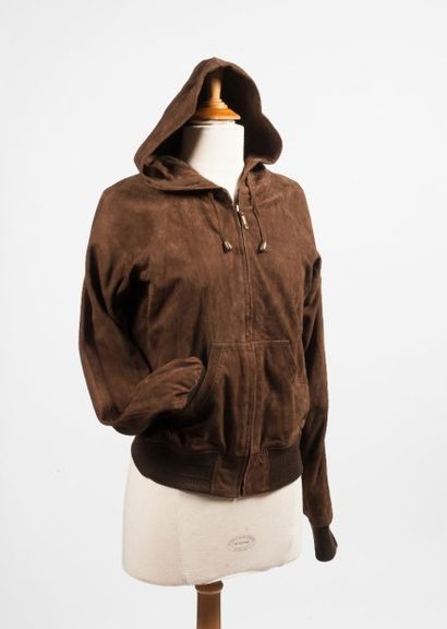 FAHMI Designe Blouson à capuche en daim marron, fermeture éclaire, poche kangourou,...