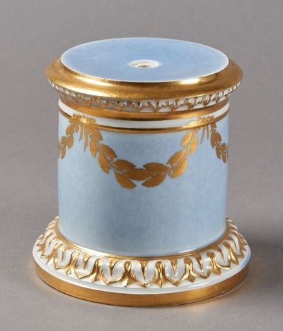 FURSTENBERG Piédestal cylindrique à fond bleu agate à décor en or de guirlandes de...