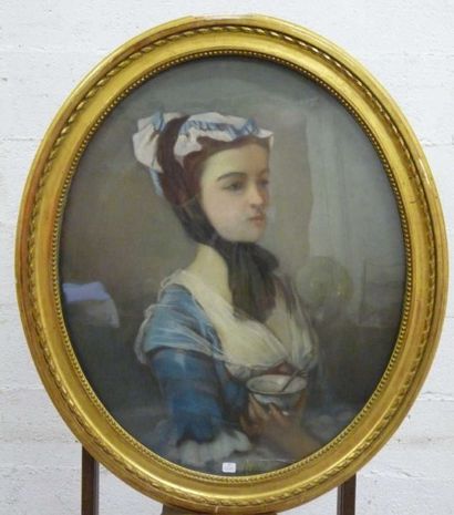 École FRANÇAISE vers 1880 «Jeune fille au bonnet Pastel ovale. H: 70 cm - L: 58 ...