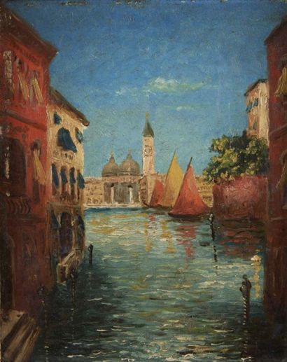 Ecole Moderne Canal à Venise Huile sur panneau. H.24 cm - L. 18.5 cm