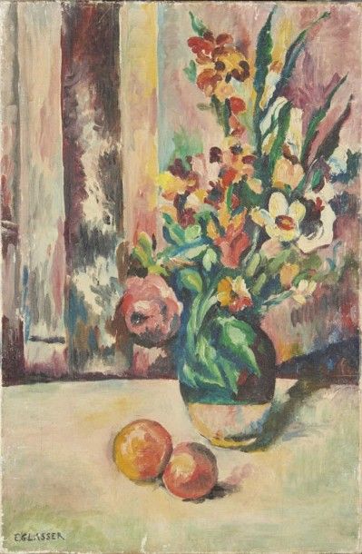 GLASSER E Vase de fleurs. Huile sur toile signée en bas à gauche. H: 41 cm - L: 27...