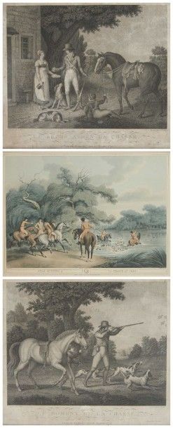 null Scènes de chasse Deux gravures, H. 32 - L. 38 cm. La chasse au cerf, epreuve...