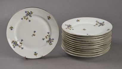 PARIS Suite de douze assiettes en porcelaine polychrome à décor de bleuets, filets...