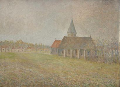 E.FEBVRE "Vue d'église" Huile sur toile, signée en bas à droite. 54 x 75 cm