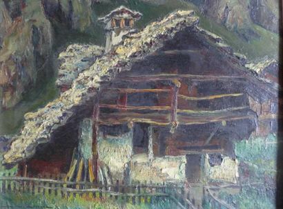 BAUCHEZ "Chalet" Huile sur toile signée en bas à gauche. H: 25 cm - L: 33 cm.