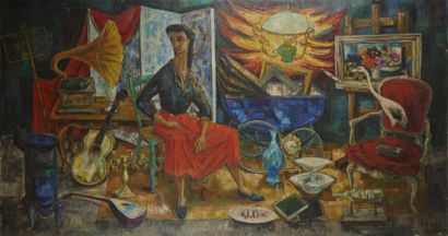 ROBERT DEBIEVE (1926-1994) "La brocanteuse" Huile sur toile, signée .