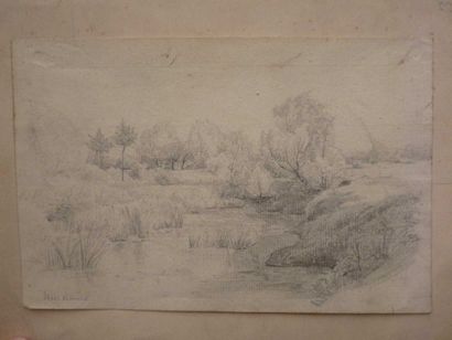 Jacob MAURER (1826 - 1887) Paysage à la rivière Crayon noir 13,2 x 20 cm Signé en...