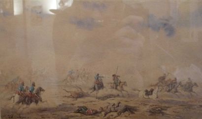 Théodore JUNG ( ? 1803 - ? 1865) Scène de bataille Plume et encre noire et grise,...