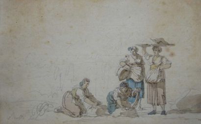 Bartolomeo PINELLI (Rome 1781 ? 1835) Les lavandières Pierre noire et aquarelle 10,6...