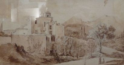 École Française du XIXe siècle "Vues de Tivoli" Deux dessins au lavis 20 x 25,5 cm...