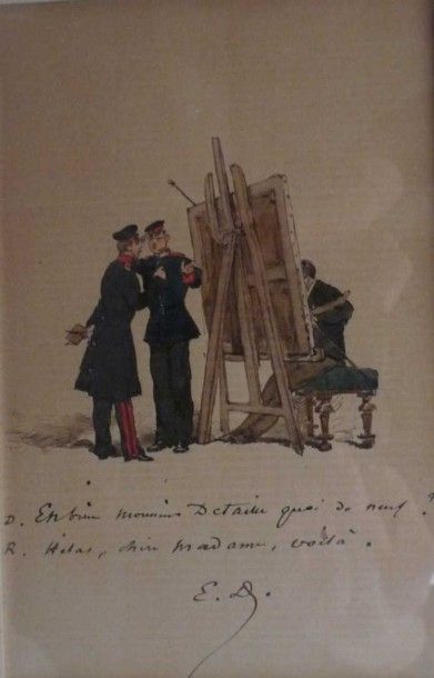 E. D. (Actif au XIXème siècle) Un peintre portraiturant deux officiers, dessin humoristique...