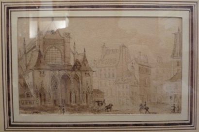 ANONYME XIXème siècle Vue de Rouen Encre sépia 8 x 13,5 cm