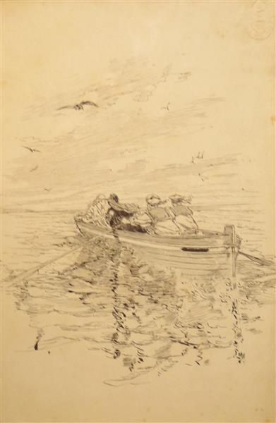 Frédéric de HAENEN (Utrecht 1853 - ? 1929) " La traversée en barque" Plume et encre...