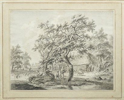 Leendert OVERBEECK (Haarlem vers 1752 - 1815) Bergers près d'une étable Plume et...