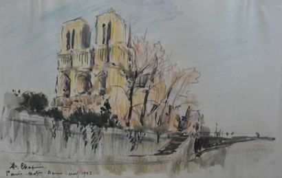 Pierre CHAPUIS (1863-1942) Notre Dame de Paris Aquarelle et lavis d'encre sur papier...