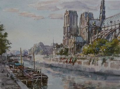 Pierre CHAPUIS (1863-1942) Notre-Dame de Paris Aquarelle sur papier 10,9 x 14,8 cm...