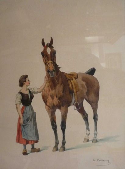 Charles CONDAMY (Gamaches 1847 - 1913) La servante et le cheval anglais Plume et...