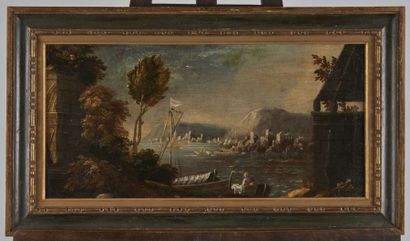Ecole de l'ITALIE du NORD du XVIIème siècle Paysage avec un pêcheur Toile 29 x 56,5...