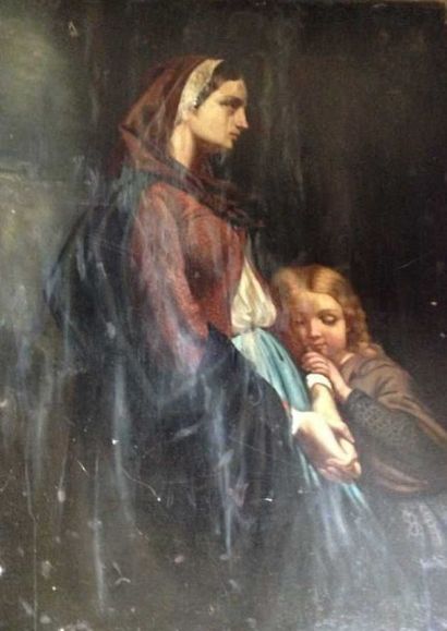 École Française du XIXe siècle Femme et enfant en prière Huile sur toile Acciden...