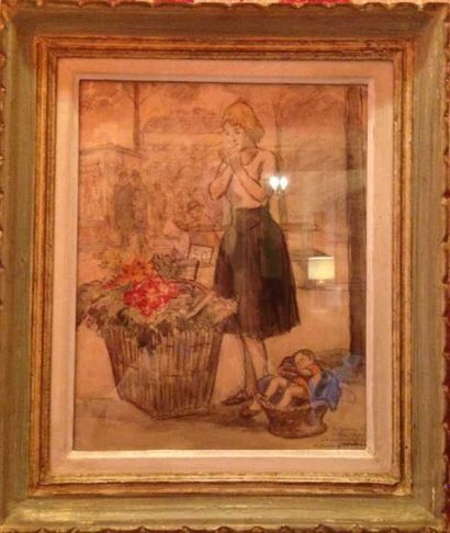 JODELET Charles Emmanuel (1883-1969) " La marchande de fleurs " Dessin rehaussé à...