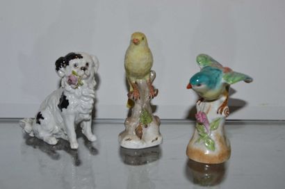 ALLEMAGNE et CAPO di MONTE Trois SUJETS en porcelaine: oiseaux et chien. XX°siècle....
