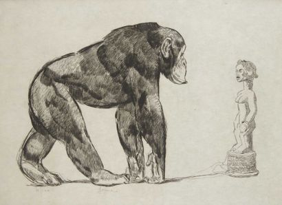 Paul JOUVE (1880-1973) " Chimpanzé devant une statue Baoulé ", c. 1931. Eau-forte...