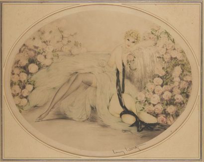 Louis ICART (1888-1950) " Les roses ", 1933. Eau forte à vue ovalisée sur papier....