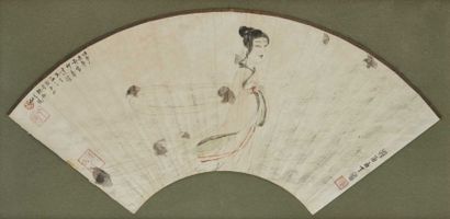 CHINE- FU Baoshi (1904-1965) Encre et couleurs sur papier en forme d'éventail, représentant...