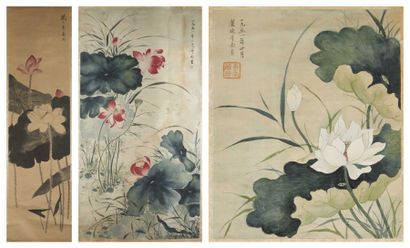 CHINE-XXe siècle Ensemble de trois peintures, dont deux encres et couleurs sur papier...