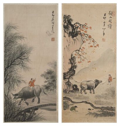 CHINE-XXe siècle Ensemble de deux peintures, encre et couleurs sur soie, représentant...