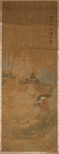 CHINE-XIXe siècle Encre et couleurs sur soie, représentant un couple de canards mandarins...