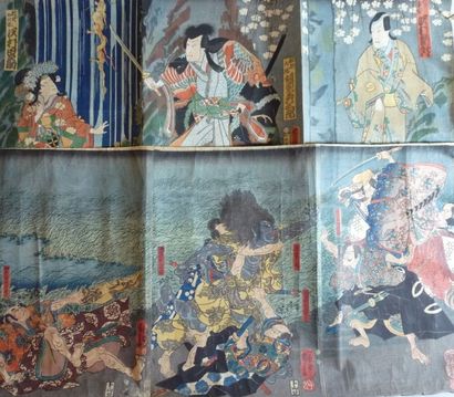 Kuniyoshi (1797-1861) et Yoshiiku (1833-1904) Deux triptyques, l'un représentant...