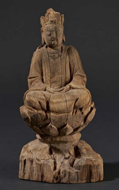 CHINE-Fin Epoque MING (1368-1644) Statuette de bouddha en bois, assis en padmasana...