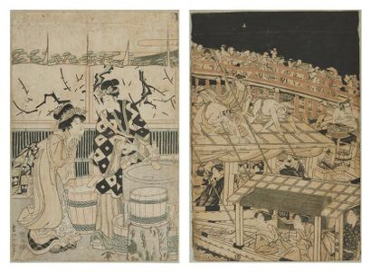 Toyokuni I (1769-1825) Oban tate-e partie d'un triptyque, bijin dans une barque sous...