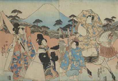 Toyokuni III (1786-1865) Diptyque, représentant un cavalier avec trois serviteurs...