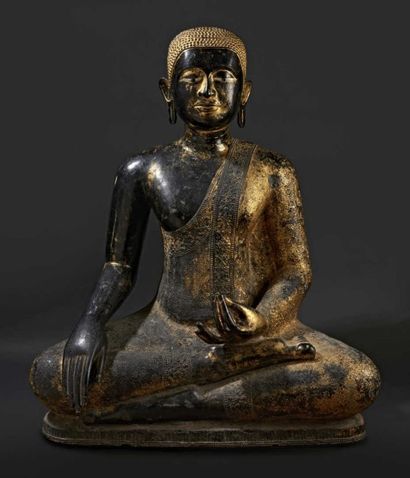 THAILANDE, Ratanakosin-Fin XIXe siècle Grande statue de bouddha en bronze laqué noir...