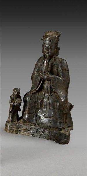 CHINE-Epoque MING (1368-1644) Statuette d'immortel taoïste assis en bronze à patine...