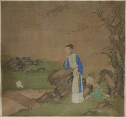 CHINE-XIXe siècle Encre et couleurs sur soie, représentant un couple dans un jardin....