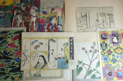JAPON-XIXe siècle Ensemble d'estampes et pages d'album par différents artistes, dont...
